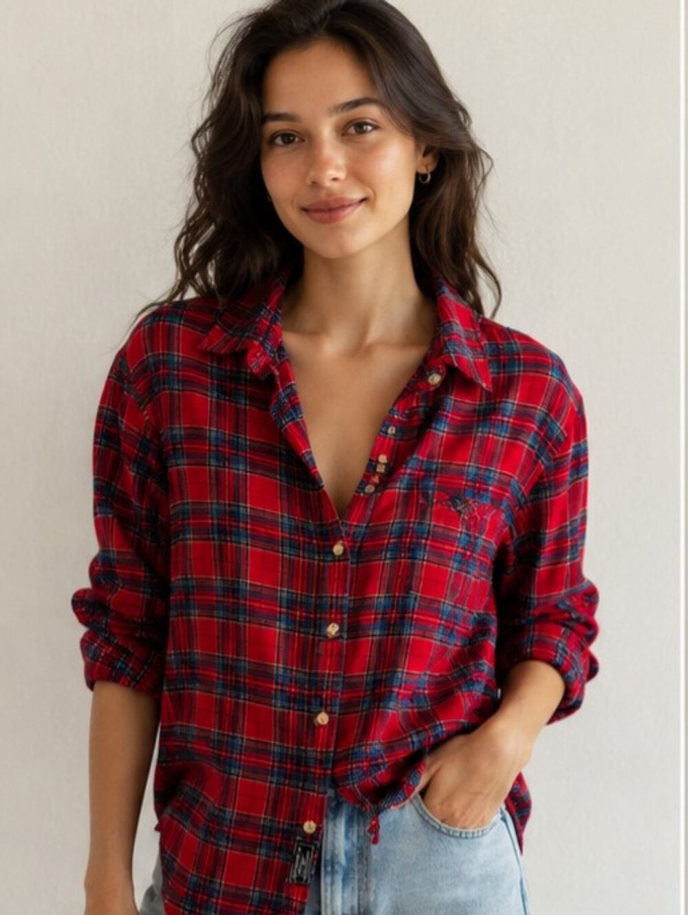 Abercrombie & Fitch Red Plaid Cotton Button-Down Shirt